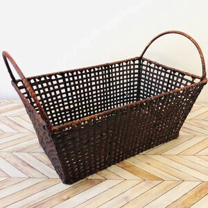 Dark Brown Basket Woven with Handles Rustic Farmhouse